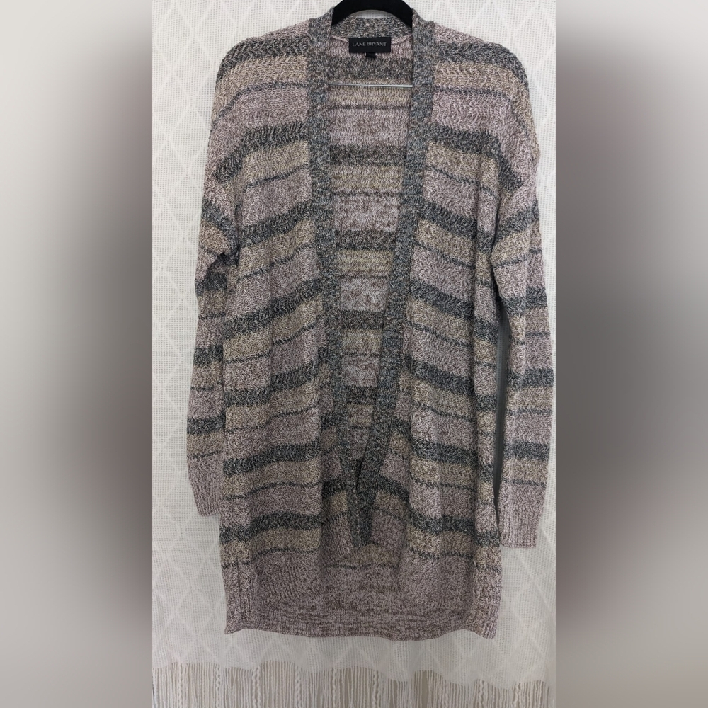 Lane Bryant Woman's Open Knit Long Sleeve Long Cardigan Sweater Beige Size 18/20